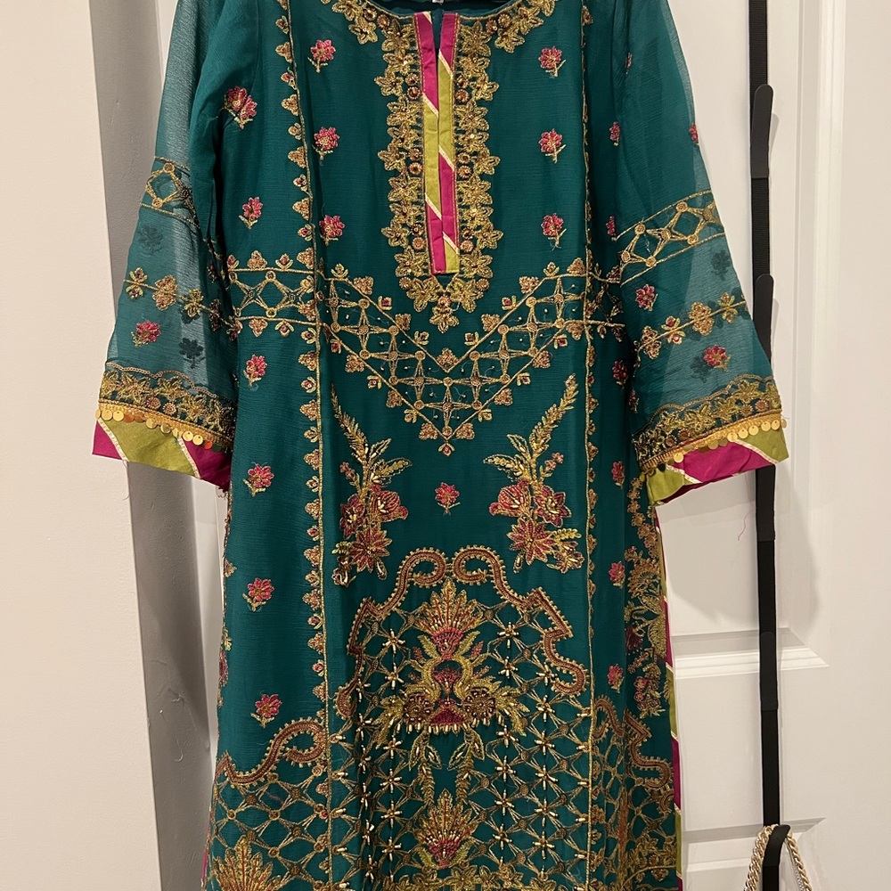 Embroidered Teal Dress with Pink and Gold Accents